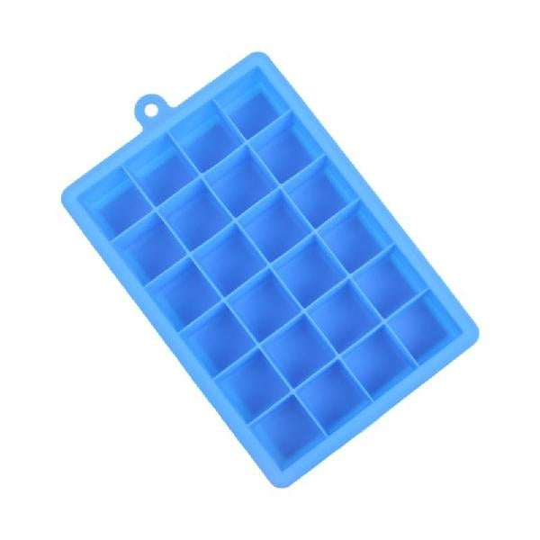 Blue silicone ice cube tray with 24 square mold cavities in a square grid pattern