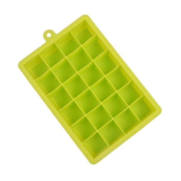 Green silicone ice cube tray with 24 square molds and a hanging loop