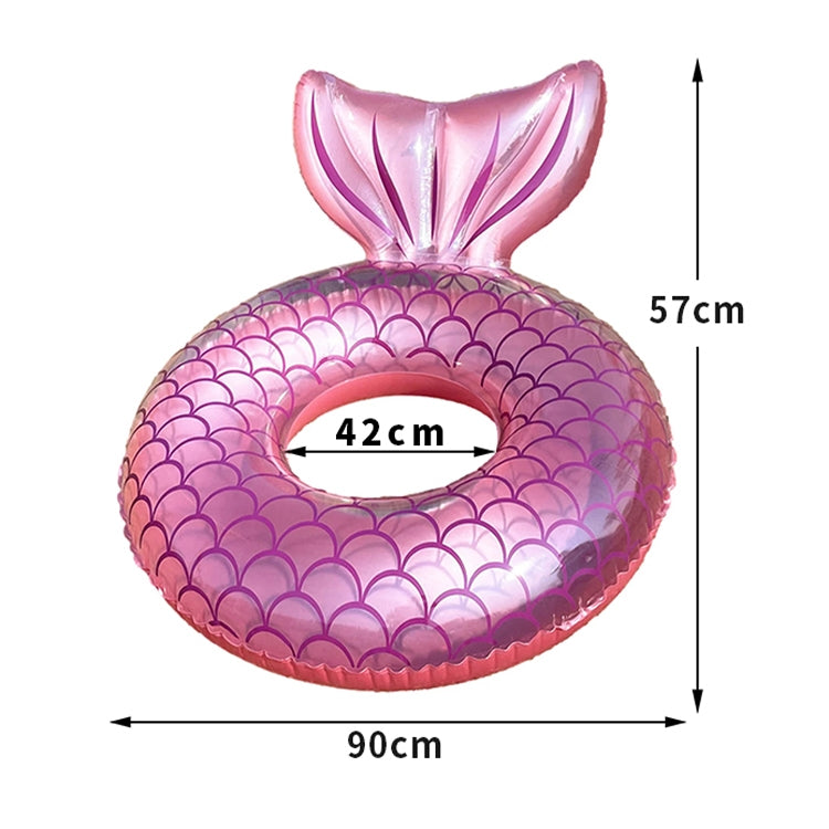 Pink mermaid swimming ring with top fin, shown with size dimensions