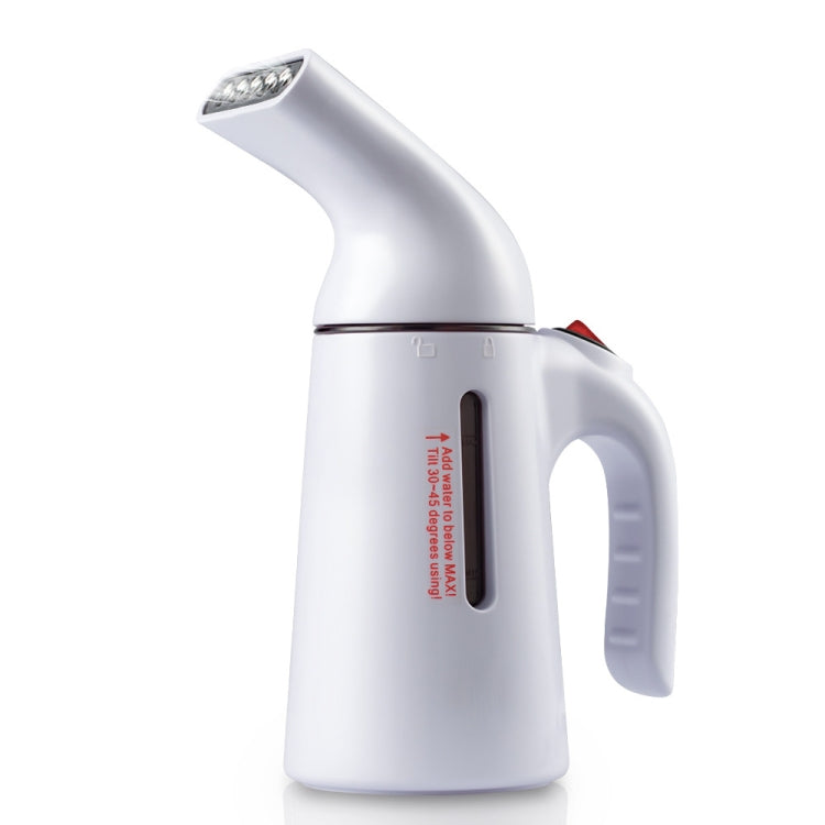 Handheld garment steamer iron, white body with steam vents and side grip