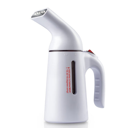 Handheld garment steamer iron, white body with steam vents and side grip