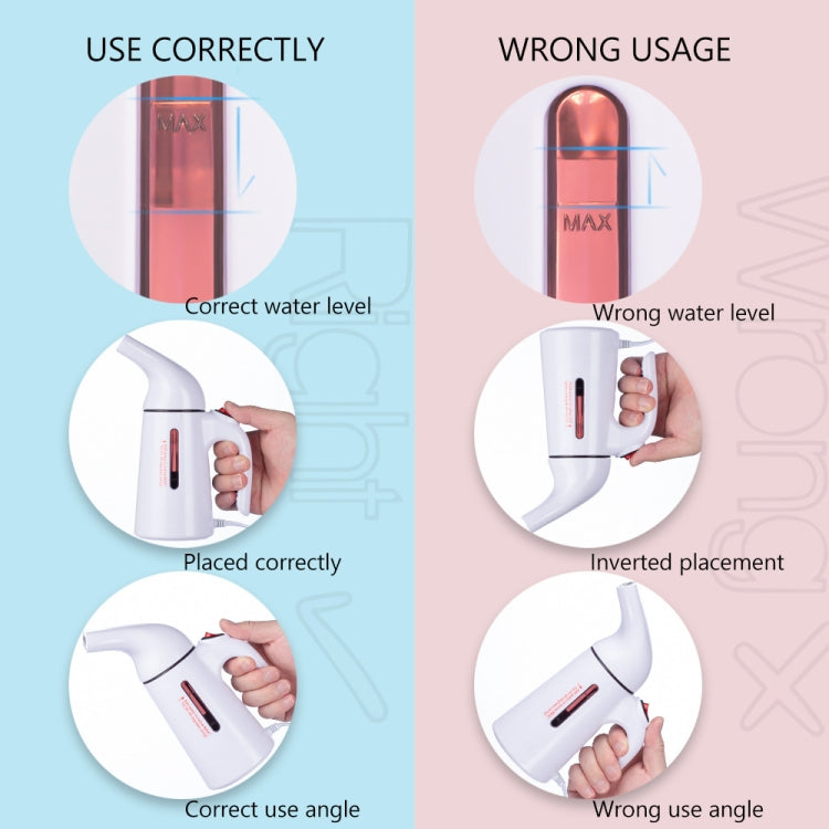 Handheld garment steamer usage guide showing correct water level and angle