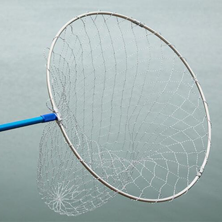 Circular dip net hoop with fine light mesh and blue handle attachment