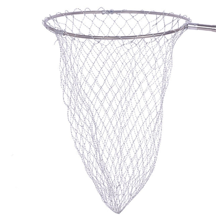 Foldable dip fishing net with tapered white mesh bag and silver rim