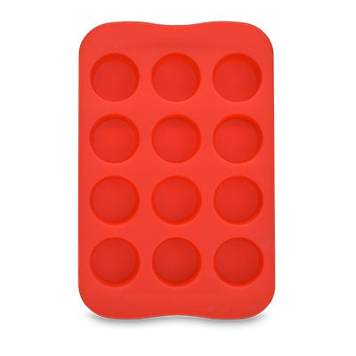 Red silicone ice cube mold tray with 12 round cavities in a 3x4 grid