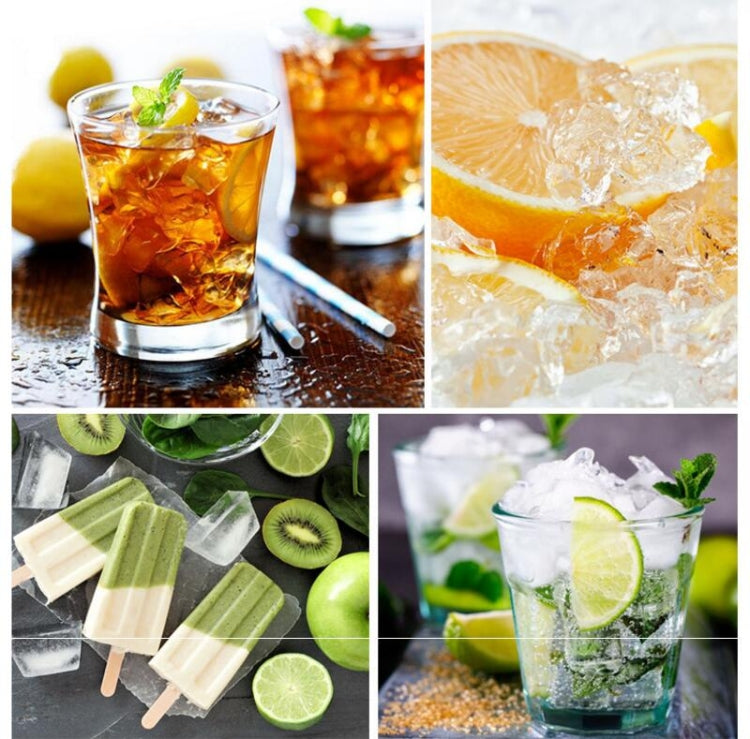 Silicone ice and popsicle molds with shaped ice cubes in a collage layout