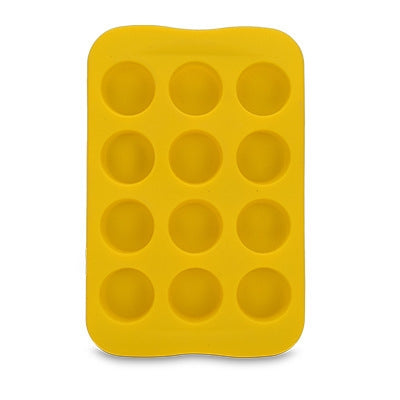 Yellow silicone ice cube mold tray with 12 round cavities in a 3x4 grid
