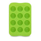 Green silicone ice cube mold tray with 12 round cavities in a 3x4 grid