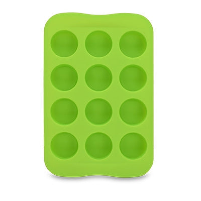 Green silicone ice cube mold tray with 12 round cavities in a 3x4 grid