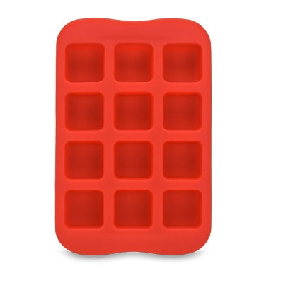Red silicone ice cube mold tray with 12 square cavities in a 3x4 grid