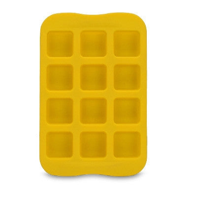 Yellow silicone ice cube mold tray with 12 square cavities in a 3x4 grid