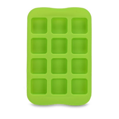 Green silicone ice cube mold tray with 12 square-shaped cavities