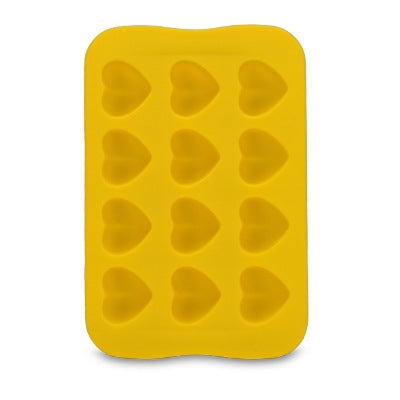 Yellow silicone ice cube mold tray with 12 heart-shaped cavities