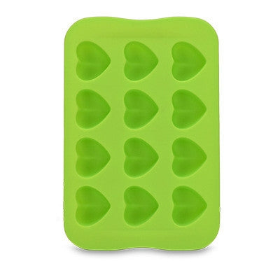 Green silicone ice cube mold tray with 12 heart-shaped cavities
