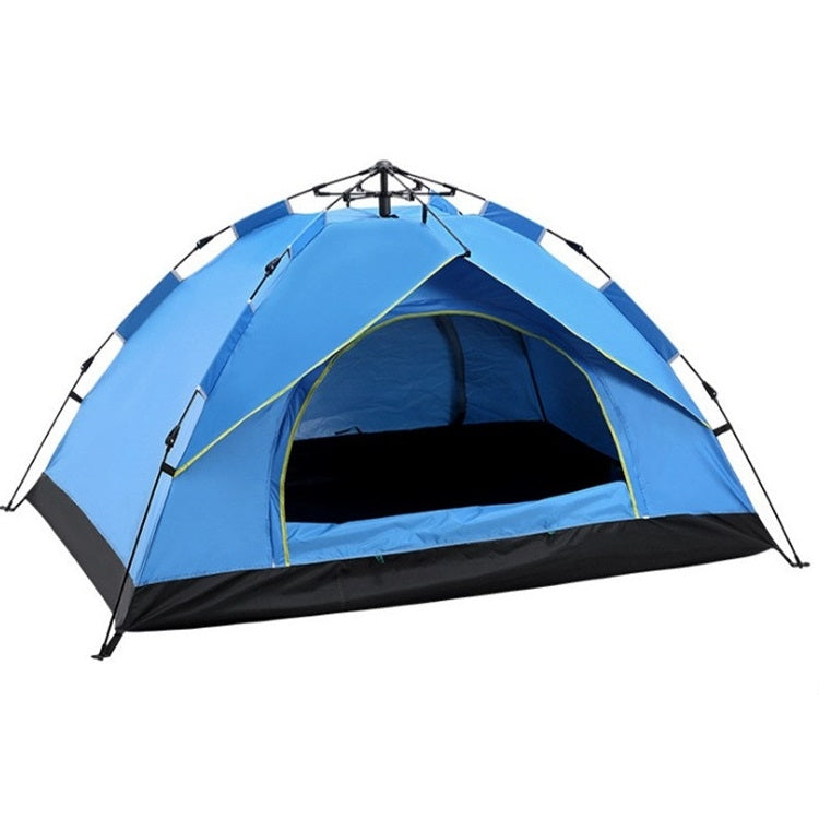 Blue and black automatic spring tent with arched door and green trim, for camping