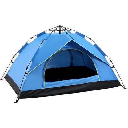 Blue and black automatic spring tent with arched door and green trim, for camping
