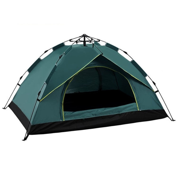 Green and black automatic camping tent with arched front door and lime trim line