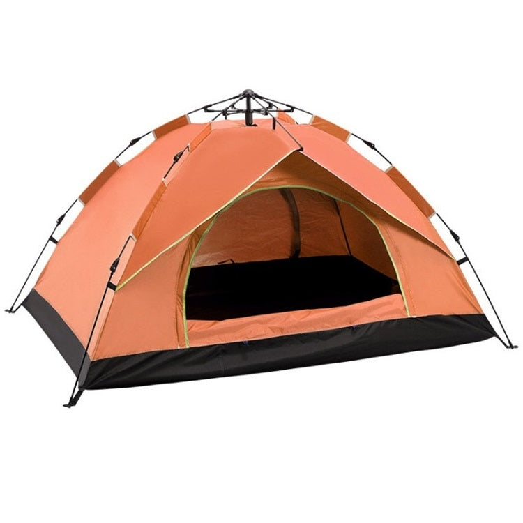 Orange and black automatic camping tent with arched door and green trim