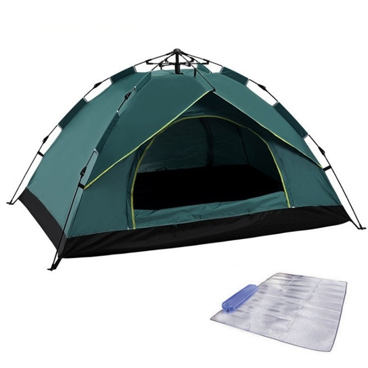 Green automatic camping tent with black base, lime trim, and included floor mat