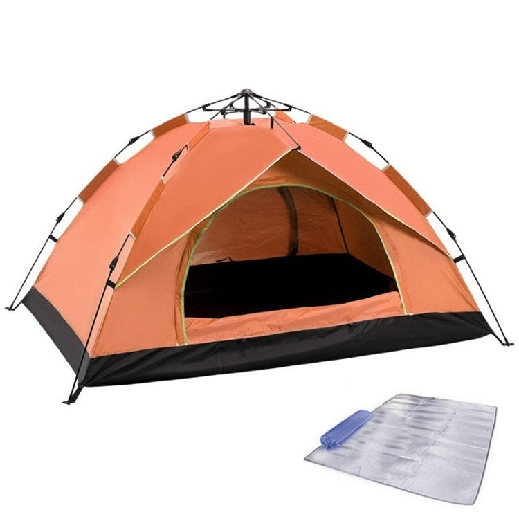 Automatic spring camping tent in orange with green trim, arched front and mesh door