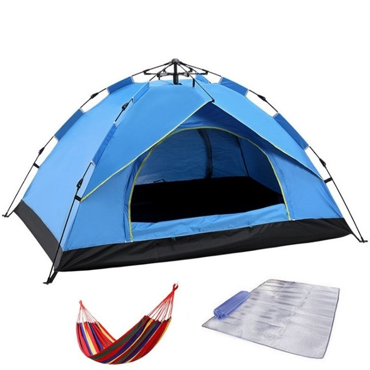 Automatic spring camping tent in blue with green trim, open front mesh door and vents