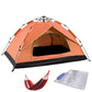 Automatic spring camping tent in orange with green trim, dome shape with mesh entry