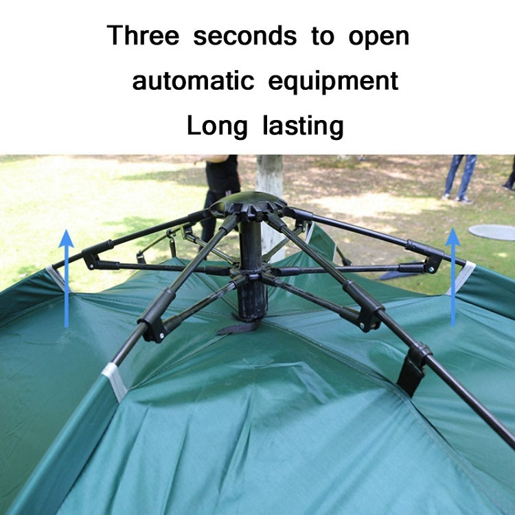 Automatic camping tent pole frame with green fabric ceiling and open inner space