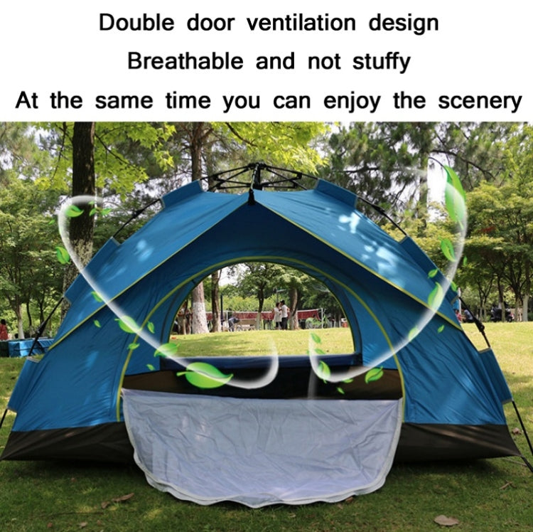 Blue automatic camping tent with open front and green trim, dome design