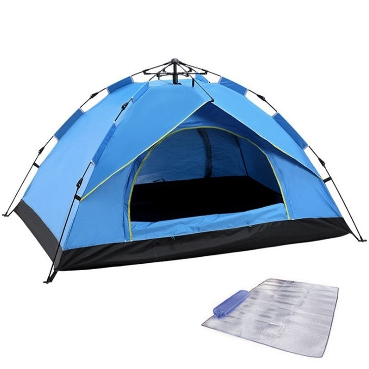 Blue automatic spring tent with black floor and green trim plus gray floor mat