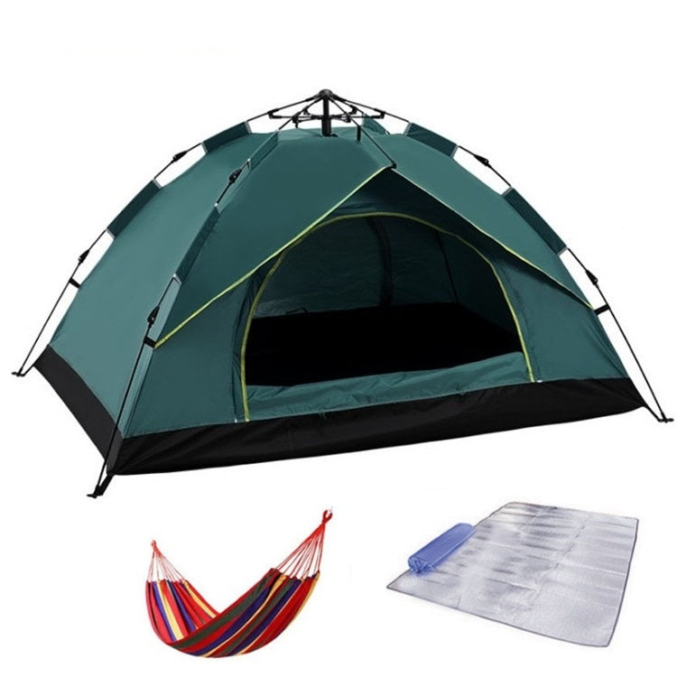 Automatic spring camping tent in green with dark base, open front and interior view