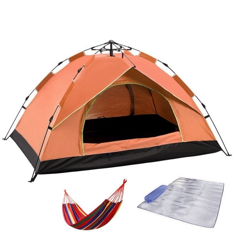 Automatic spring camping tent in orange with green trim, open doorway with mesh panels