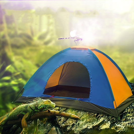 Blue and orange single-layer dome tent with open mesh entrance and dark floor