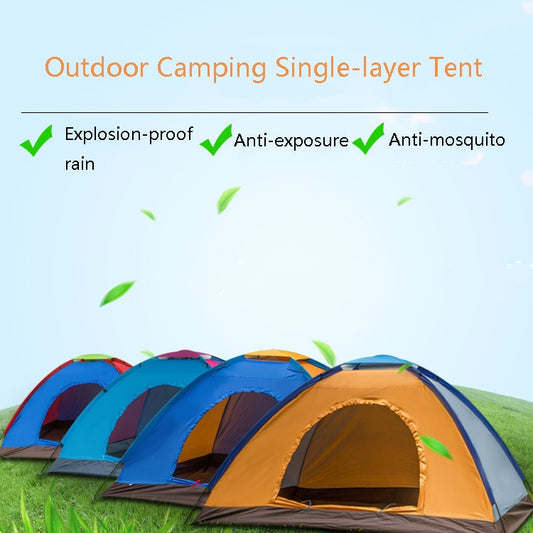 Multi-color single-layer dome tents with open mesh entrances and rainfly tops