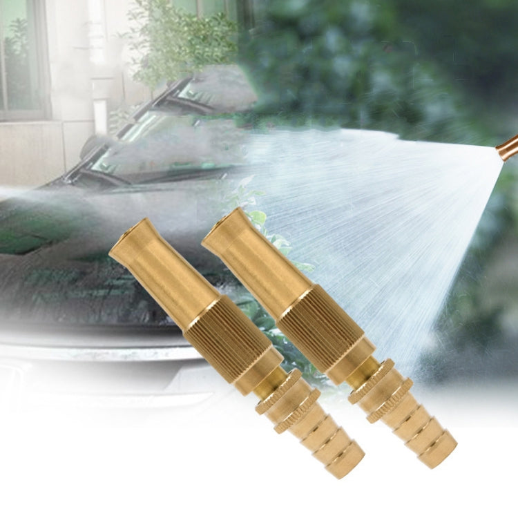 Two brass garden hose sprinkler nozzles with ribbed ends for watering