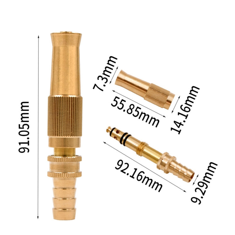 Brass garden hose sprinkler with labeled dimensions and adapter sections