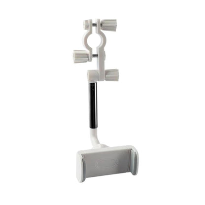 Car rearview mirror phone bracket with white clamp and silver support rod