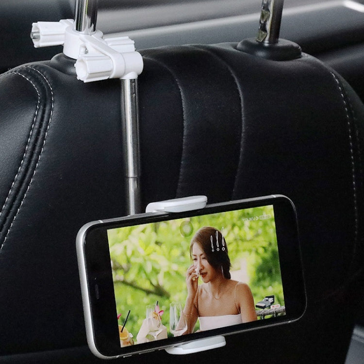 Car headrest/seat phone bracket with white clamp and silver support rod