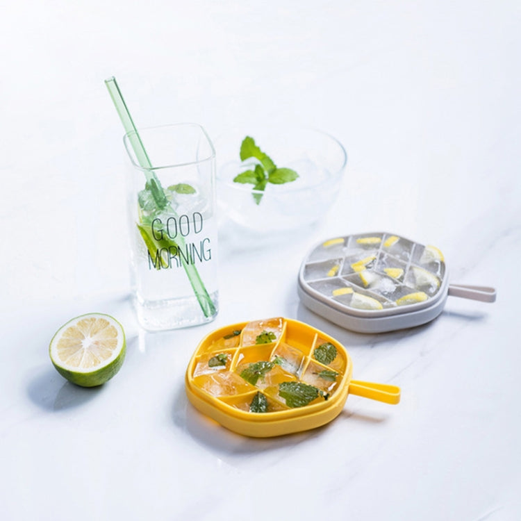 Yellow hexagonal ice cube tray with compartments, plus matching round storage lids