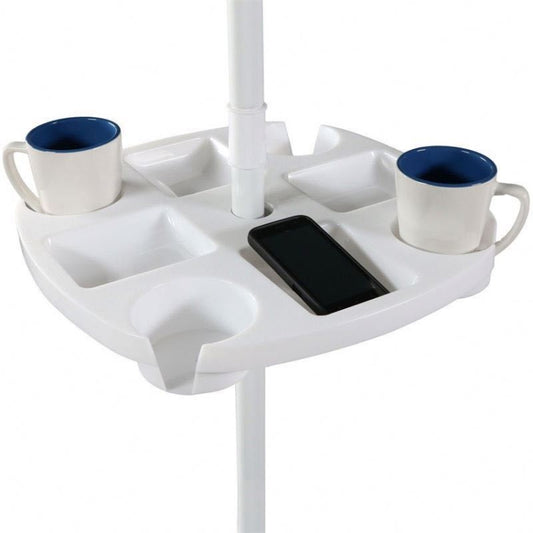 White sun umbrella PP cup holder tray with two mug wells and a phone slot
