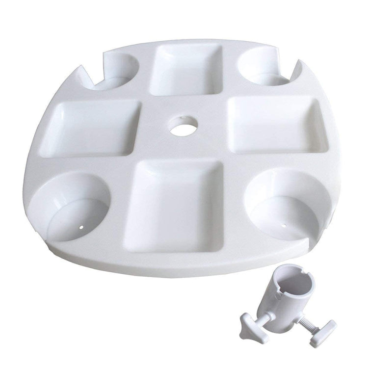 White circular umbrella tray with four cutouts, central hole, and mounting clip