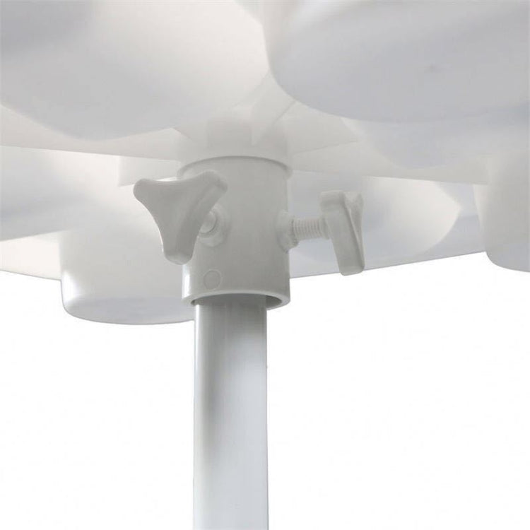 White umbrella pole clamp with cup-holder arms and tray mounting ring