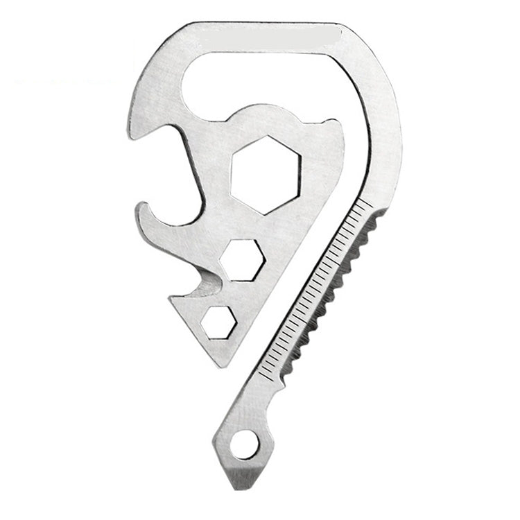Metal emergency tool key clip angled with hex wrench cutouts and toothed saw blade