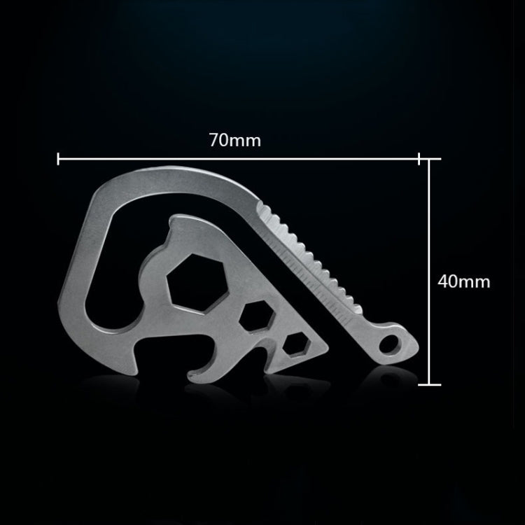 Metal emergency tool keychain with hex wrench cutouts and serrated blade edge