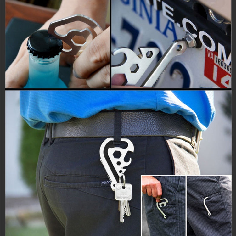 Metal emergency tool keychain clip hanging from keyring on belt loop