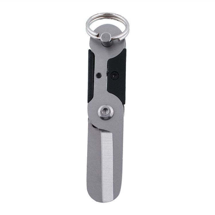 Stainless steel mini scissors keychain tool with loop ring and folded black inserts