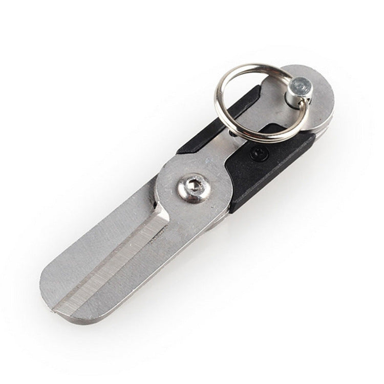 Mini stainless steel scissors keychain tool with circular ring and partially open blades