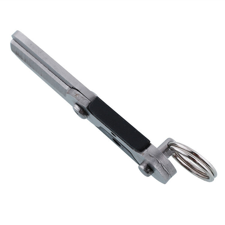 Stainless steel folding mini scissors with keyring, black handle grip