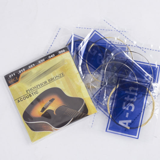Acoustic guitar string set in clear packaging with gold phosphor bronze strings, yellow and blue bags