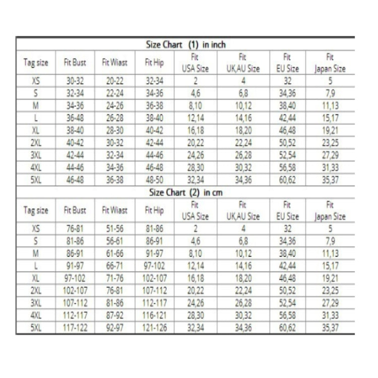 Swimwear size chart table listing fit sizes in inches and centimeters