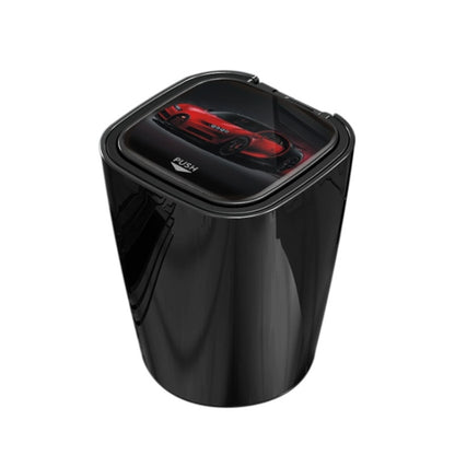 Black car ashtray with hinged lid and push button top, compact cup design